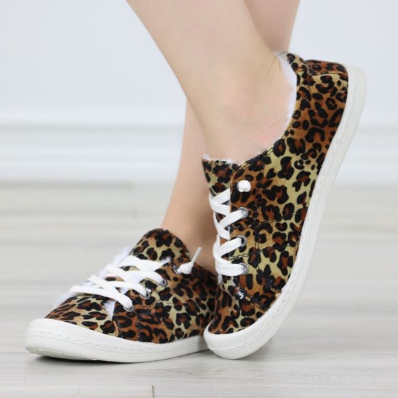 Shoes - Leopard Women's Flat Sneakers Suede Lace Up Round Toe Warm Knit Lining